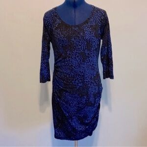 EXPRESS Bodycon Scoop Neck MIDI Dress, Black & Periwinkle Blue, LS, Medium, EUC